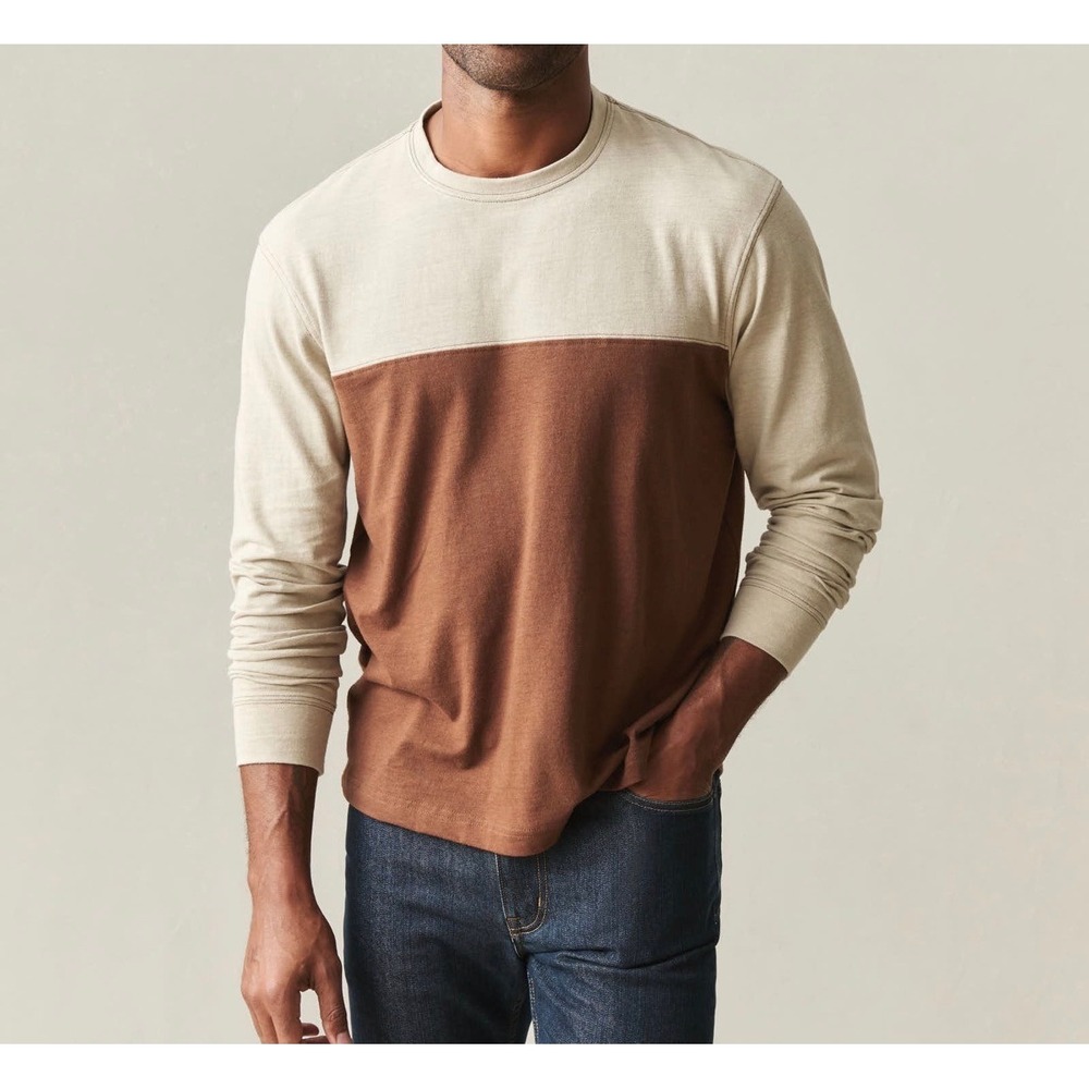 American Giant Mens Brown Tan Hemp Colorblock Long Sleeve Tee XL NWOT